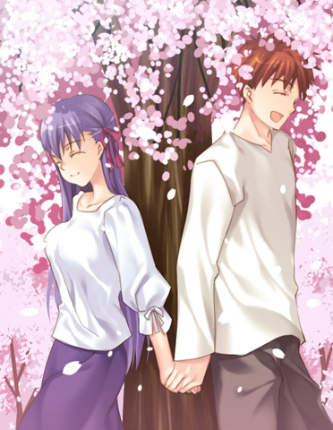 00s, 1boy, 1girl, cherry_blossoms, closed_eyes, emiya_shirou, emiya_shirou_(heaven's_feel), fate/stay_night