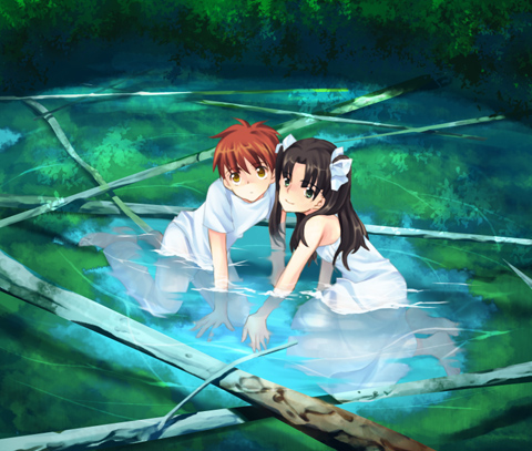 00s, 1boy, 1girl, child, dress, emiya_shirou, fate/stay_night, fate_(series), kayaka, lowres, ribbon, sleeveless, submerged, tohsaka_rin, twintails, water, aged_down