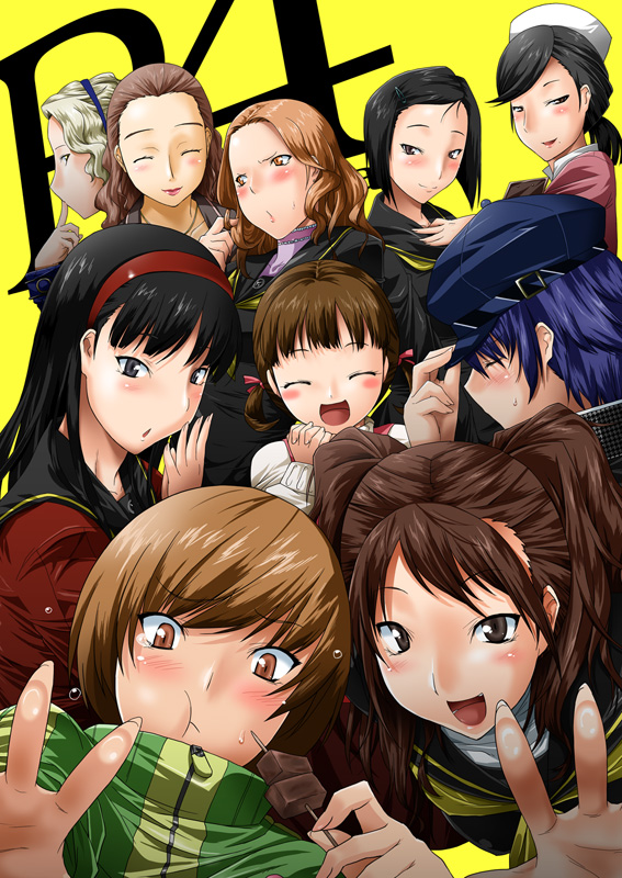 6+girls, :d, ^_^, amagi_yukiko, androgynous, atlus, black_hair, blush