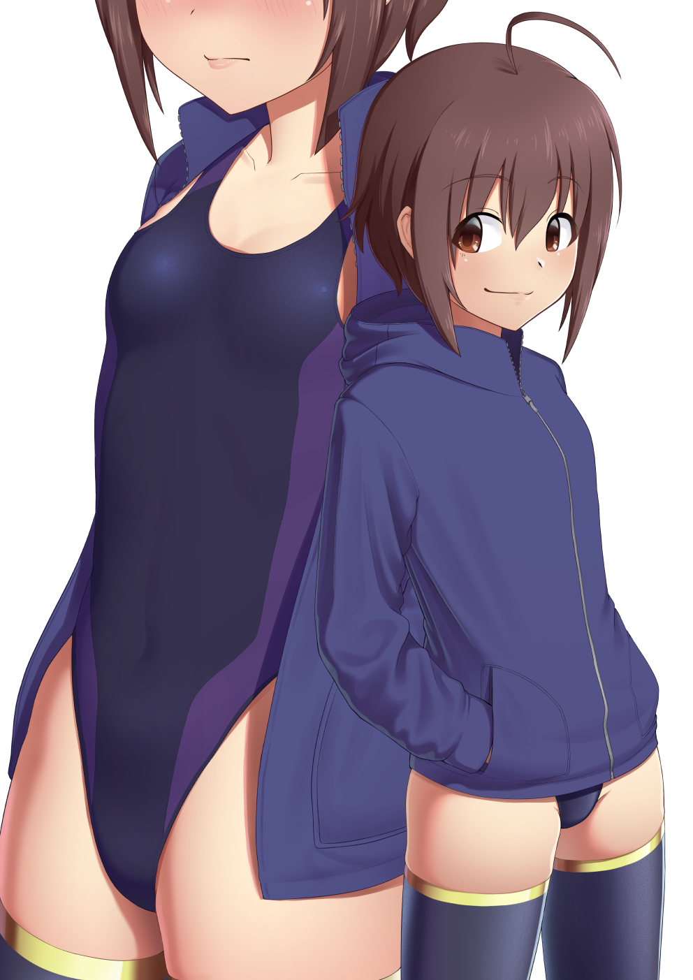 1girl, ahoge, black_one-piece_swimsuit, blue_jacket, blue_thighhighs, brown_eyes, brown_hair, competition_swimsuit, covered_navel, flat_chest, hands_in_pockets, highleg, highleg_one-piece_swimsuit, highres, hood, hoodie, idolmaster, idolmaster_cinderella_girls, jacket, multiple_views, one-piece_swimsuit, open_clothes, open_jacket, putcher, short_hair, simple_background, smile, swimsuit, swimsuit_under_clothes, thighhighs, wakiyama_tamami, white_background