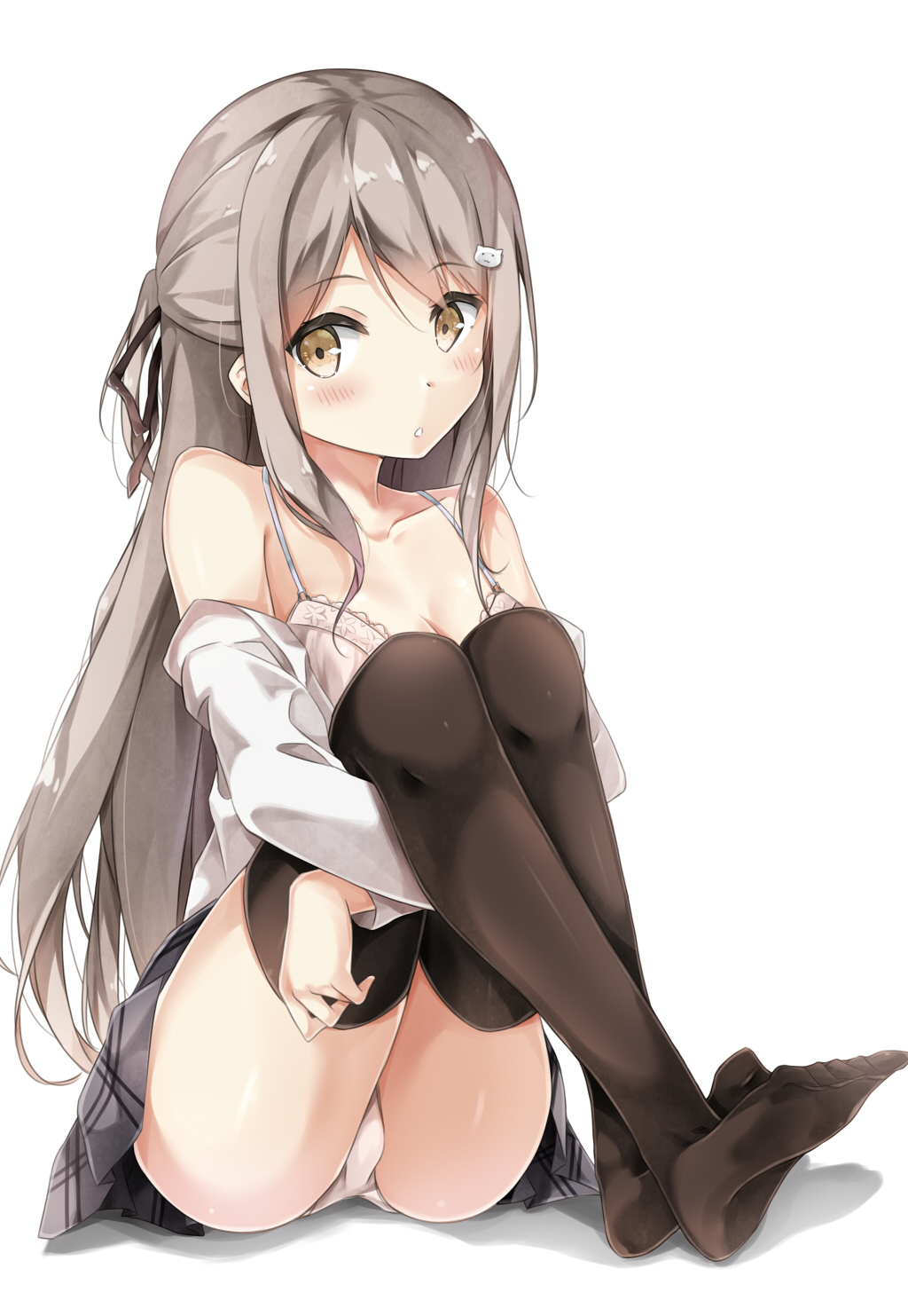 1girl, 7gao, black_legwear, bow, breasts, cleavage, collarbone, commentary_request