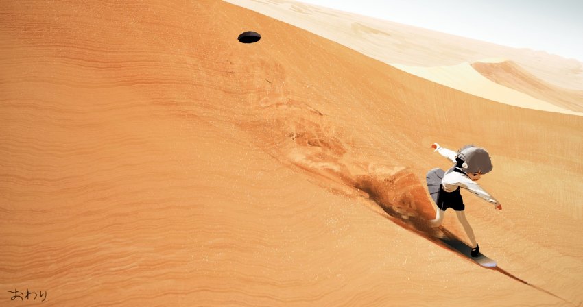 1girl, alphabet_(alphabetnoon), black_hat, brown_hair, day, desert, female_focus, hat