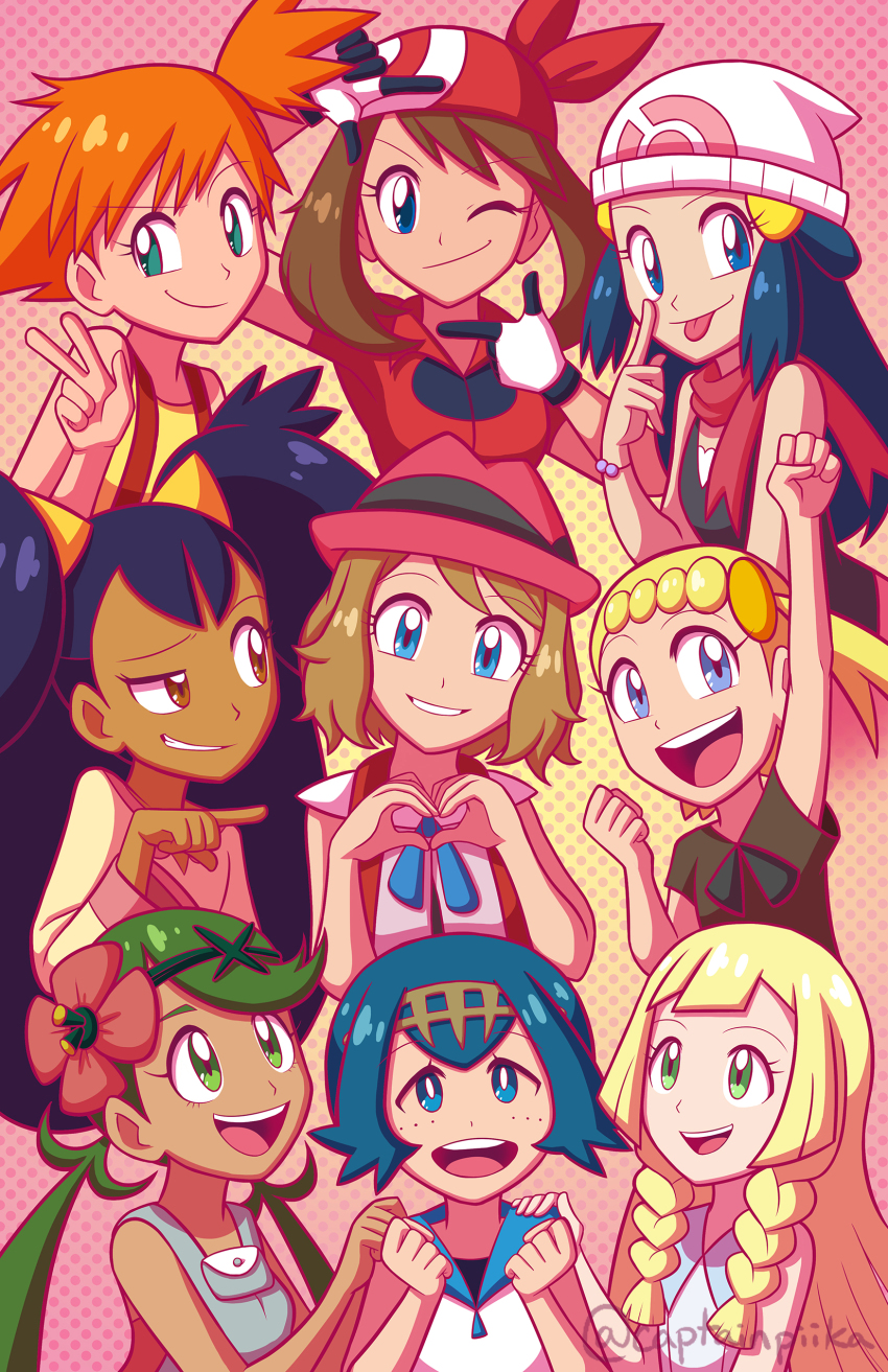 6+girls, absurdres, bandana, beanie, blonde_hair, blue_eyes, blue_hair, bonnie_(pokemon), brown_eyes, brown_hair, captainpiika, dawn_(pokemon), flower, green_eyes, green_hair, hair_flower, hair_ornament, hat, heart, heart_hands, highres, iris_(pokemon), lana_(pokemon), lillie_(pokemon), long_hair, mallow_(pokemon), may_(pokemon), misty_(pokemon), multiple_girls, nintendo, pointing, pokemon, pokemon_(anime), purple_hair, scarf, serena_(pokemon), sleeveless, smile, tongue, tongue_out, twintails, v