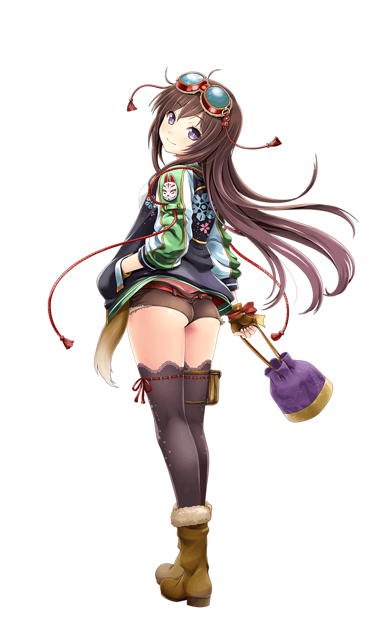 1girl, alternate_costume, ass, ayakouji_setsuka, black_thighhighs, boots, brown_boots, brown_hair, brown_shorts, butt_crack, female_focus, formation_girls, fox_mask, from_behind, full_body, fur-trimmed_boots, fur_trim, goggles, goggles_on_head, hand_in_pocket, head_tilt, highres, jacket, kneepits, long_hair, looking_at_viewer, mask, official_art, petankoside, purple_eyes, shorts, smile, solo, sukajan, thighhighs, transparent_background, very_long_hair