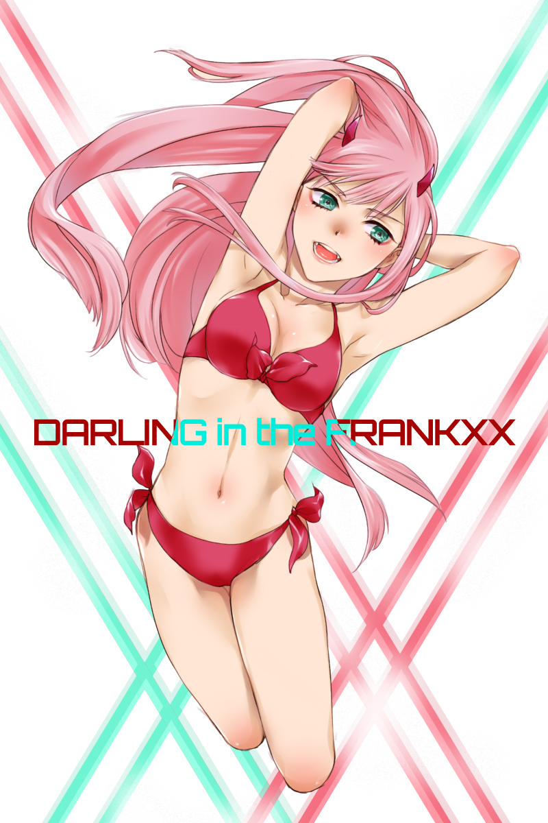 10s, 1girl, aqua_eyes, armpits, bikini, breasts, commentary_request, darling_in_the_franxx