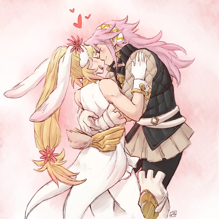 2girls, alternate_costume, animal_ears, blonde_hair, cropped_legs, dlanon, fake_animal_ears, fire_emblem, fire_emblem_fates, fire_emblem_heroes, flower, forehead-to-forehead, gloves, hair_flower, hair_ornament, hairband, heads_together, heart, hug, multiple_girls, nintendo, official_alternate_costume, open_mouth, pantyhose, pink_background, pink_hair, rabbit_ears, sharena_(fire_emblem), sharena_(spring_princess)_(fire_emblem), simple_background, smile, soleil_(fire_emblem), white_gloves, yuri