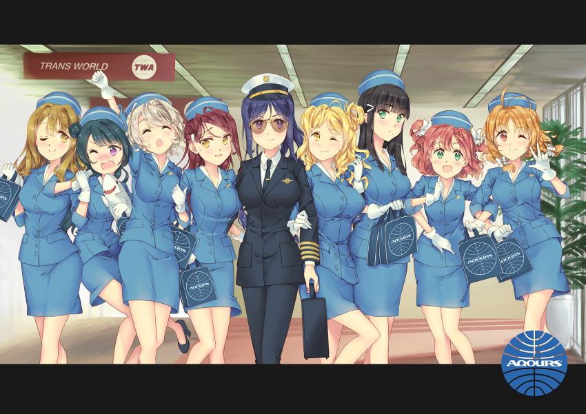 >:), 6+girls, :d, ;), ;o, ^_^, ahoge, airport, arm_up, bag, black_footwear, black_hair, black_neckwear, black_pants, blonde_hair, blue_hair, blue_hat, blue_jacket, blush, bow, braid, brown_eyes, brown_hair, catch_me_if_you_can, clenched_hand, closed_eyes, commentary_request, flight_attendant, formal_clothes, gloves, green_eyes, grey_hair, hair_bow, hair_ornament, hair_rings, hairclip, hand_in_own_hair, hand_on_own_arm, handbag, hat, high_heels, highres, holding, holding_bag, jacket, kunikida_hanamaru, kurosawa_dia, kurosawa_ruby, letterboxed, long_sleeves, looking_at_another, looking_at_viewer, love_live!, love_live!_sunshine!!, matsuura_kanan, mimori_(cotton_heart), multiple_girls, necktie, nose_blush, ohara_mari, one_eye_closed, open_mouth, orange_hair, pan_american_world_airways, pants, peaked_cap, pencil_skirt, pilot, pilot_uniform, purple_eyes, red_eyes, red_hair, sakurauchi_riko, side_braid, skirt, skirt_suit, smile, stuffed_animal, stuffed_shark, stuffed_toy, suit, suitcase, sunglasses, sweatdrop, takami_chika, tie_clip, trans_world_airlines, travel_attendant, tsushima_yoshiko, two_side_up, v-shaped_eyebrows, w, watanabe_you, white_bow, white_gloves, yellow_eyes