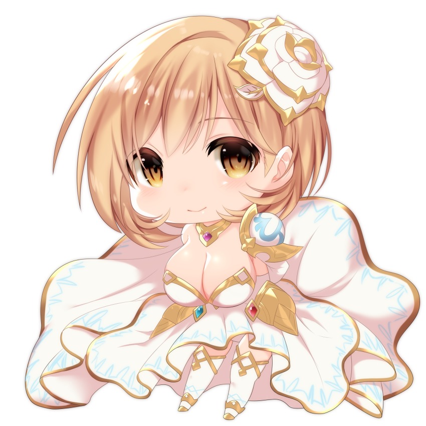 1girl, blush, breasts, brown_eyes, chibi, cleavage, closed_mouth, commentary_request