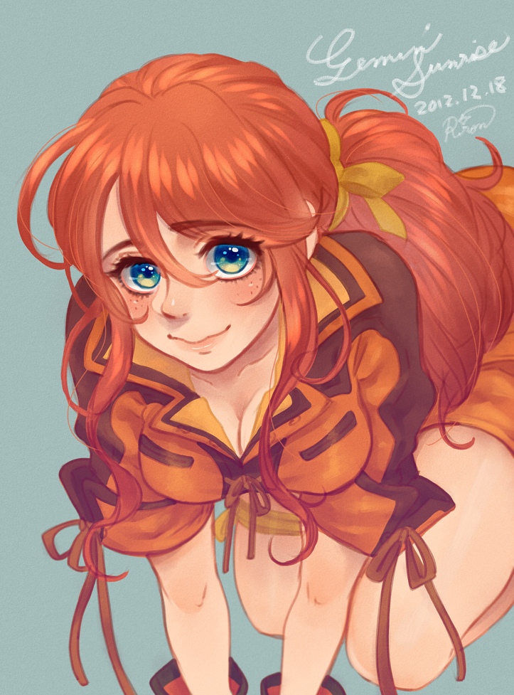 1girl, blue_eyes, blush, character_name, commentary_request, dated, female_focus, freckles, gemini_sunrise, gloves, hair_ribbon, jacket, kneeling, leather, leather_jacket, leather_skirt, long_hair, miyai_nekomaru, ponytail, red_hair, ribbon, sakura_taisen, sakura_taisen_v, signature, skirt, smile, solo