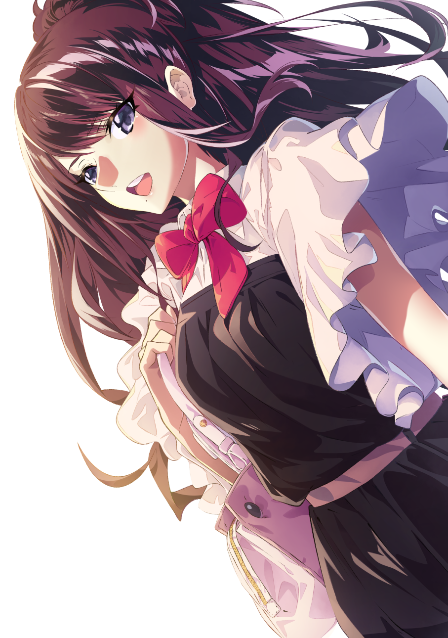 1girl, :d, bad_id, bad_pixiv_id, bag, belt, black_dress, blush