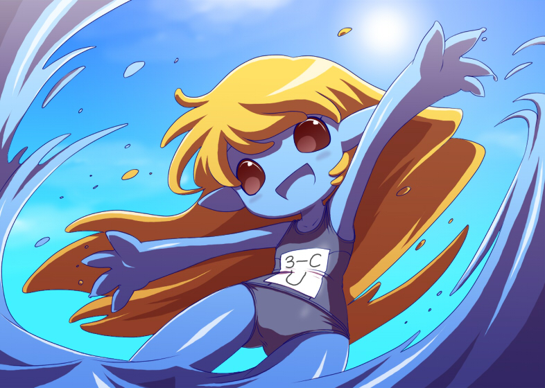 1girl, :d, atlus, bare_arms, bare_shoulders, black_one-piece_swimsuit, blonde_hair, blue_skin, blue_sky, brown_eyes, colored_skin, cowboy_shot, day, demon_(megami_tensei), female_focus, gluteal_fold, legs_apart, long_hair, monster_girl, name_tag, no_nose, nollety, one-piece_swimsuit, open_mouth, outdoors, outstretched_arms, pointy_ears, school_swimsuit, shin_megami_tensei, shin_megami_tensei_devil_children, sky, smile, solid_eyes, solo, standing, sun, swimsuit, undine_(megami_tensei), water