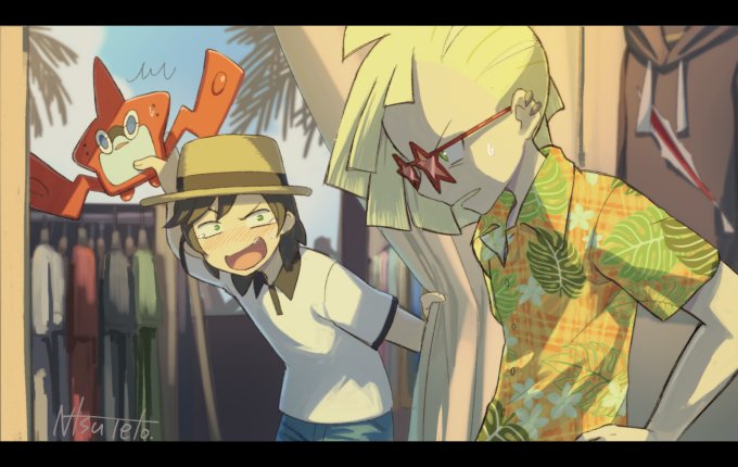 2boys, bad_id, bad_twitter_id, black_hair, black_hoodie, blonde_hair, elio_(pokemon), fitting_room