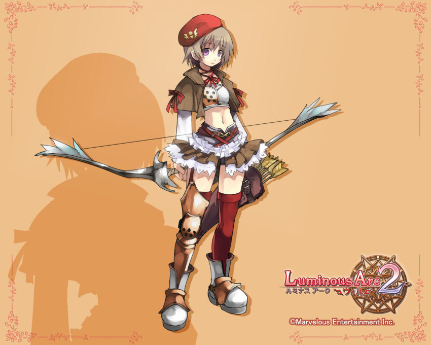 arrow_(projectile), asymmetrical_clothes, beret, boots, bow, bow_(weapon), brown_hair, frilled_skirt, frills, hat, luminous_arc, luminous_arc_2, midriff, purple_eyes, ribbon, rina_(luminous_arc), shibano_kaito, short_hair, skirt, solo, thighhighs, weapon, zettai_ryouiki