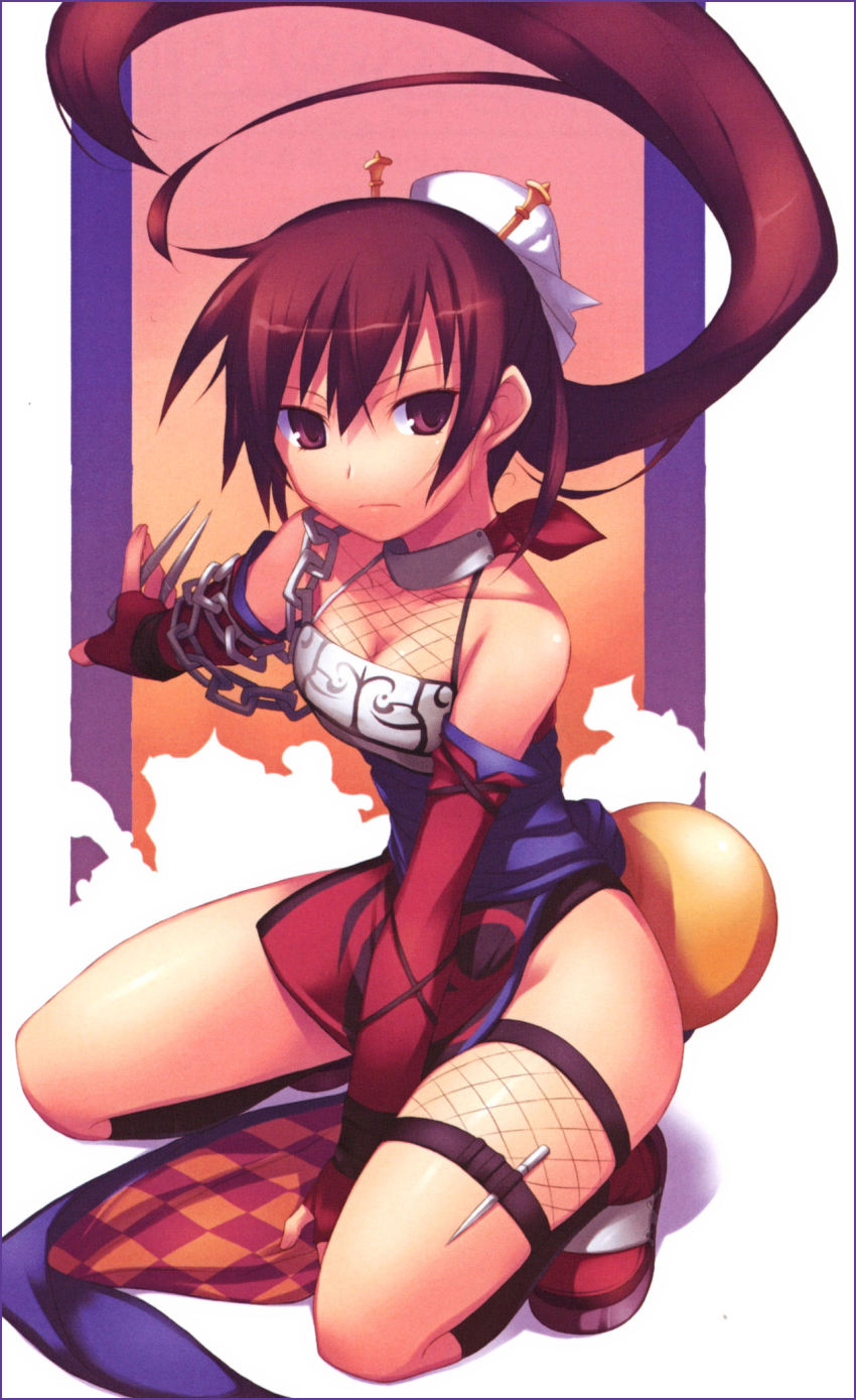 1girl, bare_shoulders, breasts, brown_hair, bun_cover, chain, cleavage, elbow_gloves, female_focus, fingerless_gloves, fishnets, gloves, hair_bun, hair_ornament, hairpin, highres, hip_focus, holster, kneehighs, legs, long_hair, luminous_arc, nanakusa, needle, ninja, ponytail, purple_eyes, saki_(luminous_arc), scan, single_hair_bun, socks, solo, thigh_strap
