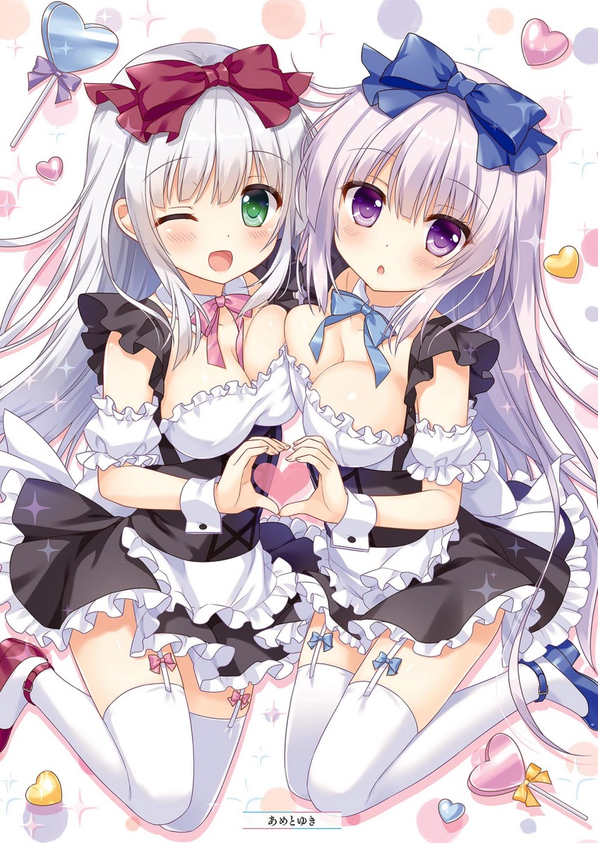 10s, 2girls, ;d, airi_(alice_or_alice), alice_or_alice, ameto_yuki, apron, artist_name