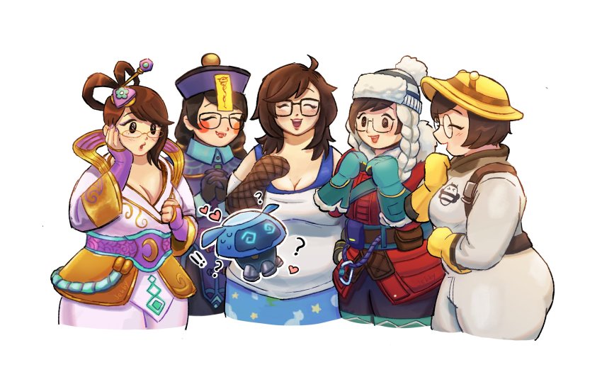 5girls, absurdres, beekeeper_mei, brown_hair, glasses, gloves, hair_ornament, hat