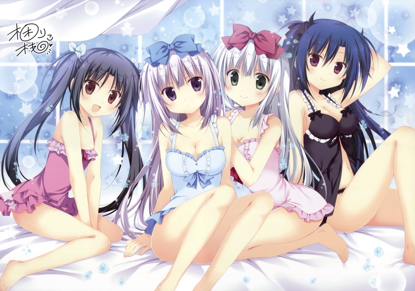 10s, 4girls, :d, absurdres, airi_(alice_or_alice), alice_or_alice, arm_behind_head, babydoll