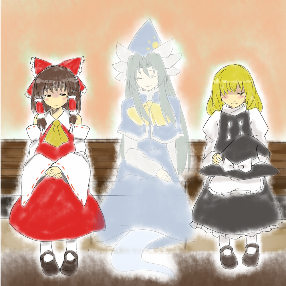 3girls, bad_id, bad_pixiv_id, blonde_hair, blush, brown_hair, detached_sleeves, dress, female_focus, full_body, ghost, green_hair, hakurei_reimu, hat, japanese_clothes, kirisame_marisa, long_hair, miko, mima_(touhou), multiple_girls, playable_command_(touhou), reon_(pixiv), reon_(saikyou), touhou, touhou_(pc-98), witch, witch_hat, wizard_hat