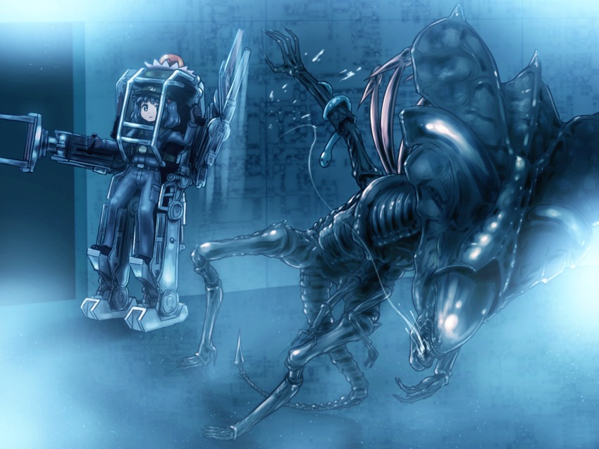 1girl, alien, alien_(series), alien_queen, aliens_(1986), blue_hair, commentary_request, cosplay