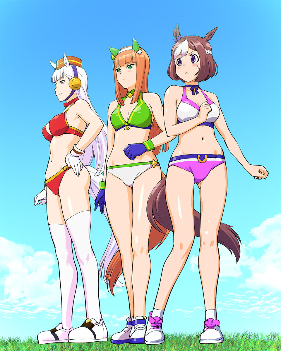 3girls, :<, animal_ears, bikini, blue_sky, blunt_bangs, breasts, brown_hair