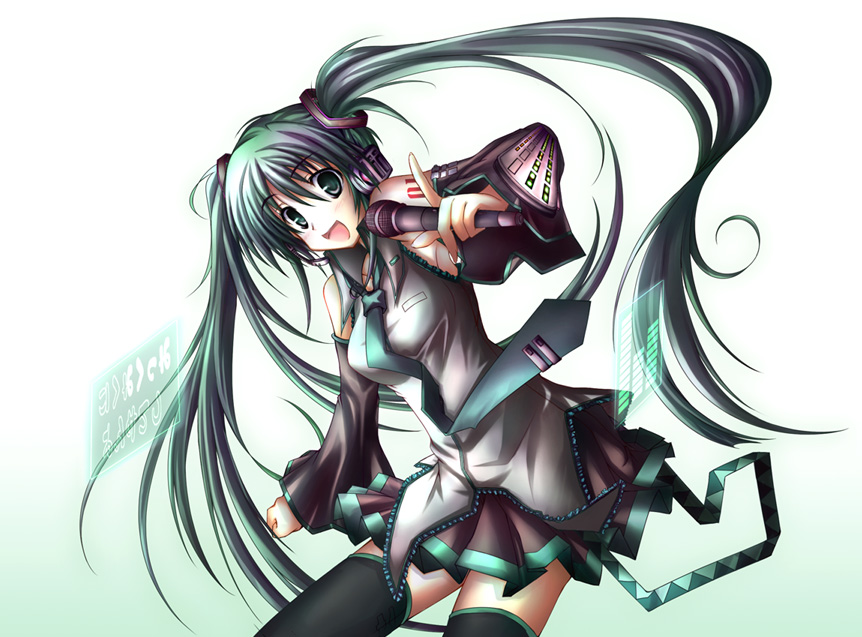 detached_sleeves, green_eyes, green_hair, hatsune_miku, headset, koka_(pixiv135454), long_hair, microphone