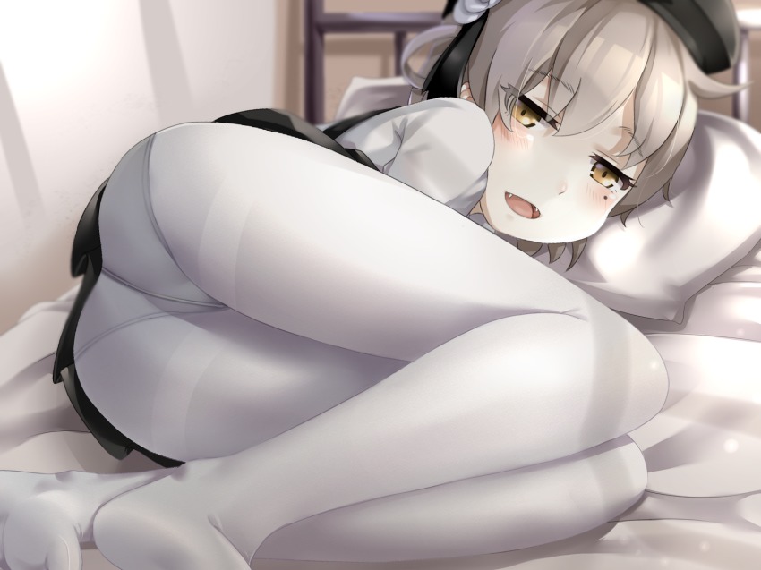 1girl, ass, bed, black_hat, black_skirt, blush, brown_hair, eyebrows