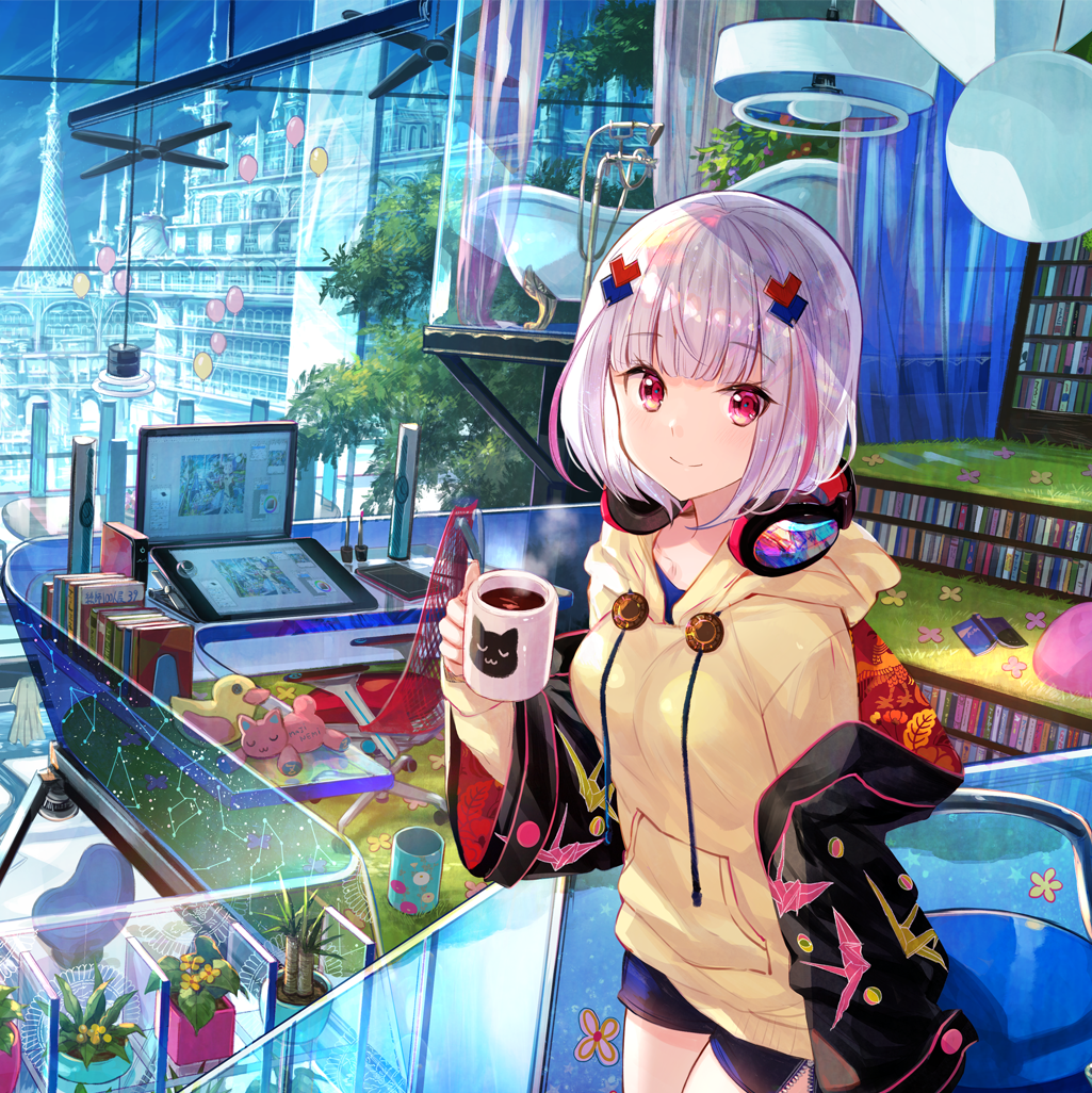 1girl, balloon, bathtub, black_jacket, blunt_bangs, blush, bob_cut, book