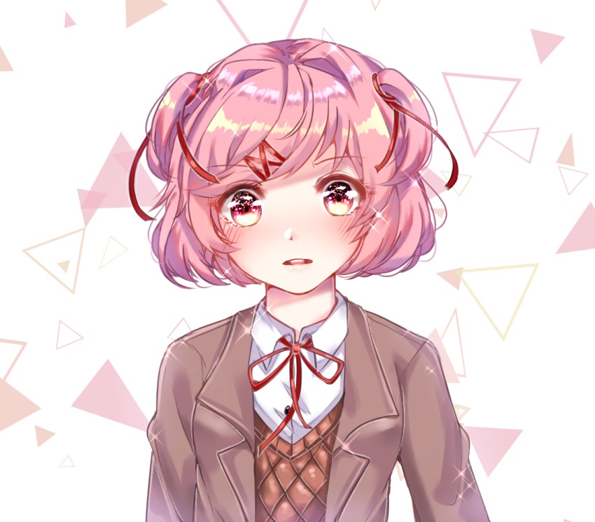 1girl, bad_id, bad_pixiv_id, blouse, blush, commentary, doki_doki_literature_club, english_commentary, eyes_visible_through_hair, female_focus, hair_ornament, hair_ribbon, hairclip, looking_at_viewer, natsuki_(doki_doki_literature_club), orange_sweater_vest, parted_lips, pink_eyes, pink_hair, red_ribbon, ribbon, ronpu_cooing, school_uniform, shirt, short_hair, simple_background, solo, sweater_vest, triangle, two_side_up, upper_body, v-neck, white_shirt
