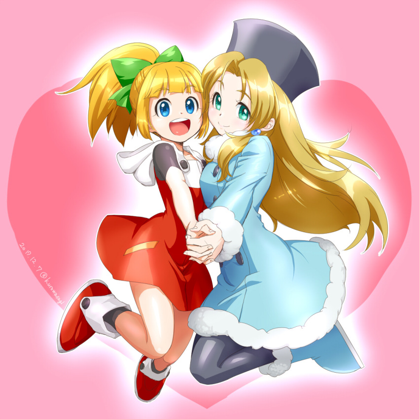 2girls, black_legwear, blonde_hair, blue_coat, blue_eyes, blue_footwear, blunt_bangs, blush