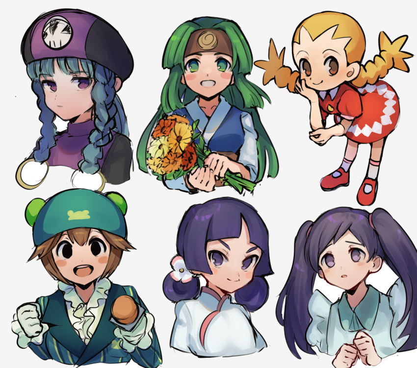 6+girls, aqua_hair, bent_over, black_eyes, blonde_hair, blush, blush_stickers, bouquet, braid, breasts, brown_eyes, brown_hair, capcom, child, collar, dress, flower, frilled_collar, frilled_sleeves, frills, fringe_trim, gloves, green_eyes, green_hair, hair_bun, hair_ornament, hair_rings, hand_on_own_cheek, hand_on_own_elbow, hand_on_own_face, hat, headband, holding, holding_bouquet, holding_microphone, japanese_clothes, jasmine_(mega_man), kimono, long_hair, looking_to_the_side, medium_breasts, mega_man_(series), mega_man_battle_network, mega_man_battle_network_(series), mega_man_battle_network_1, mega_man_battle_network_2, mega_man_battle_network_4, mega_man_battle_network_5, microphone, miyu_(mega_man), mugshot, multiple_girls, nakafuji_eiji, open_mouth, purple_eyes, purple_hair, red_dress, red_footwear, ribitta_(mega_man), sal_(mega_man), shoes, short_hair, shuko_kido_(mega_man), sidelocks, simple_background, single_hair_bun, smile, teeth, twintails, white_background, white_gloves, worried, yai_ayanokoji_(mega_man)