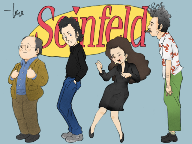 1girl, 3boys, arm_hair, bad_id, bad_tumblr_id, bald, black_dress, black_footwear, black_hair, black_shirt, blue_background, blue_pants, blue_shirt, brown_hair, brown_pants, cigar, clenched_hands, copyright_name, cosmo_kramer, dress, ear_piercing, elaine_benes, george_costanza, glasses, green_jacket, green_pants, grey_footwear, hands_in_pockets, hands_on_own_chest, jacket, jerry_seinfeld, jewelry, logo, long_hair, looking_at_viewer, multiple_boys, one_eye_closed, pants, patterned_clothing, piercing, seinfeld, shirt, shoes, short_hair, sideburns, signature, simple_background, smile, sneakers, takeuchi_kou