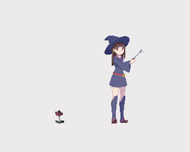 1girl, animated, animated_gif, belt, blinking, blue_hat, blue_socks, brown_hair, carnivorous_plant, female_focus, grey_background, hat, kagari_atsuko, kneehighs, little_witch_academia, long_hair, long_sleeves, magic, open_mouth, pixel_art, plant_growth, red_eyes, saino_misaki, school_uniform, smile, socks, solo, standing, surprised, wand, witch, witch_hat