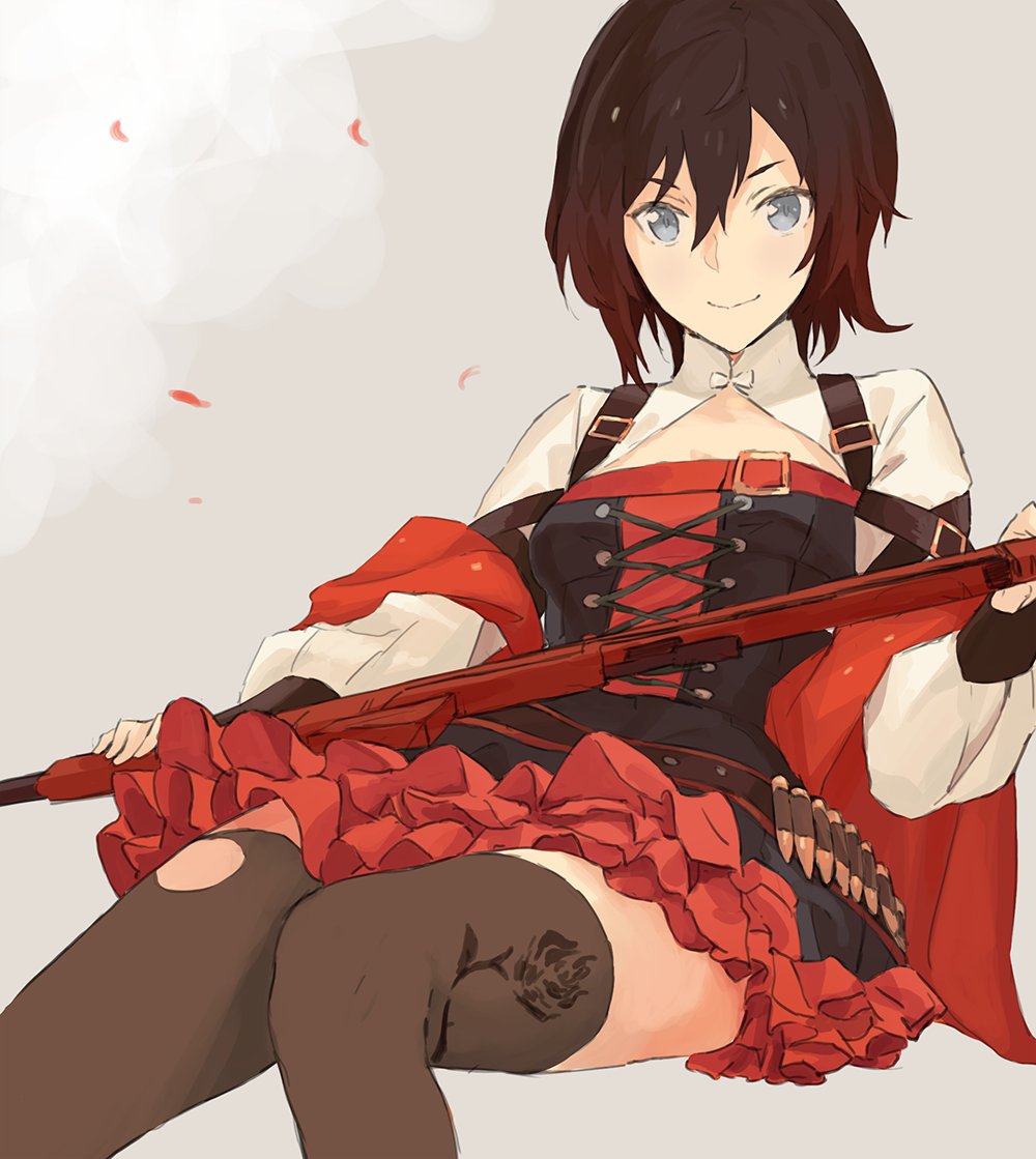 1girl, bandolier, belt, blouse, bullet, cape, cartridge, cloak, corset, crescent_rose, female_focus, frilled_skirt, frills, gradient_hair, grey_eyes, gun, hayami_ritsu, hood, hooded_cloak, long_sleeves, looking_at_viewer, multicolored_hair, petals, red_cape, red_hair, red_skirt, rose_petals, ruby_rose, rwby, scythe, shirt, short_hair, sitting, skirt, smile, solo, straps_over_skirt, thighhighs, two-tone_hair, weapon, white_shirt