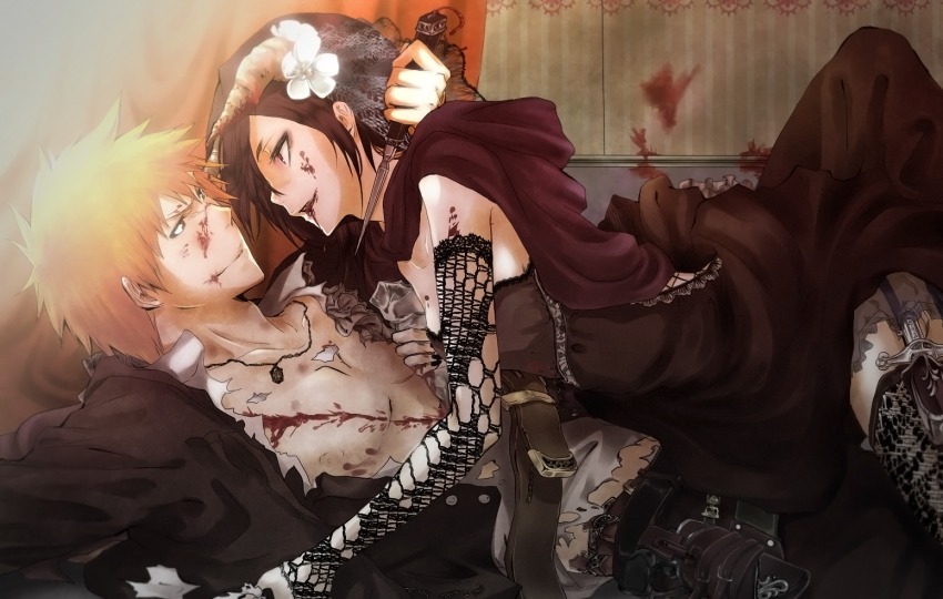 1boy, 1girl, black_dress, black_hair, black_jacket, black_pants, black_thighhighs, bleach