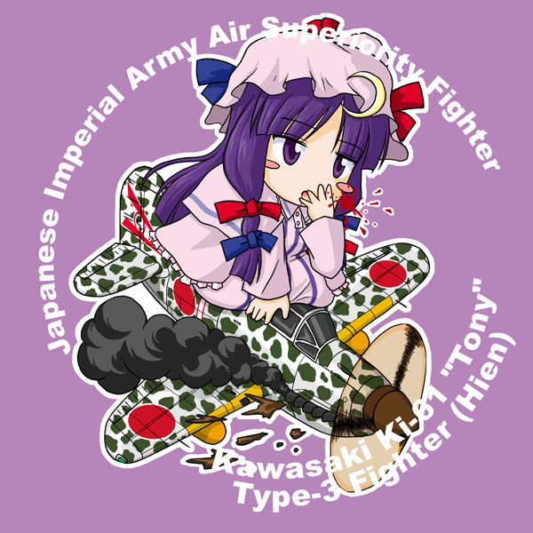 1girl, aircraft, airplane, blood, chibi, commentary, crescent, crescent_hat_ornament