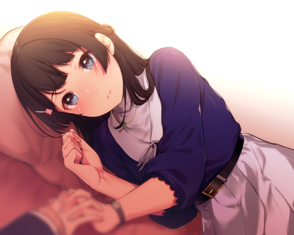 1girl, backlighting, belt, belt_buckle, blue_eyes, blue_shirt, blurry, blurry_foreground