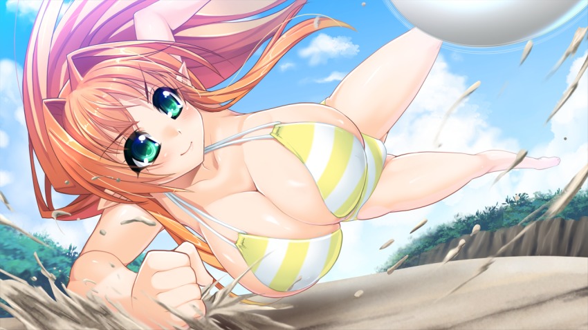 1girl, ball, bare_arms, bare_legs, bare_shoulders, bikini, breasts, closed_mouth