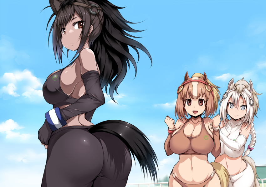 10s, 3girls, :d, alternate_breast_size, animal_ears, ass, bare_shoulders, black_hair, black_pants, black_sports_bra, blonde_hair, blue_sky, blush, bow, braid, breasts, brown_eyes, brown_hair, brown_sports_bra, brown_thoroughbred_(kemono_friends), buruma, chestnut_thoroughbred_(kemono_friends), cleavage, closed_mouth, cloud, collarbone, cropped_legs, dark-skinned_female, dark_skin, day, detached_sleeves, elbow_gloves, fingerless_gloves, gloves, hair_bow, hand_on_another's_shoulder, horse_ears, horse_girl, horse_tail, kemono_friends, large_breasts, leaning_forward, long_hair, long_sleeves, looking_at_viewer, multicolored_hair, multiple_girls, navel, o-ring, open_mouth, outdoors, pants, pantyhose, pink_bow, short_hair, sideboob, single_braid, skindentation, sky, smile, sports_bra, stomach, strap_gap, streaked_hair, sweatband, tail, tight_clothes, tight_pants, tsukasawa_takamatsu, twisted_torso, white_hair, white_sports_bra, white_thoroughbred_(kemono_friends)