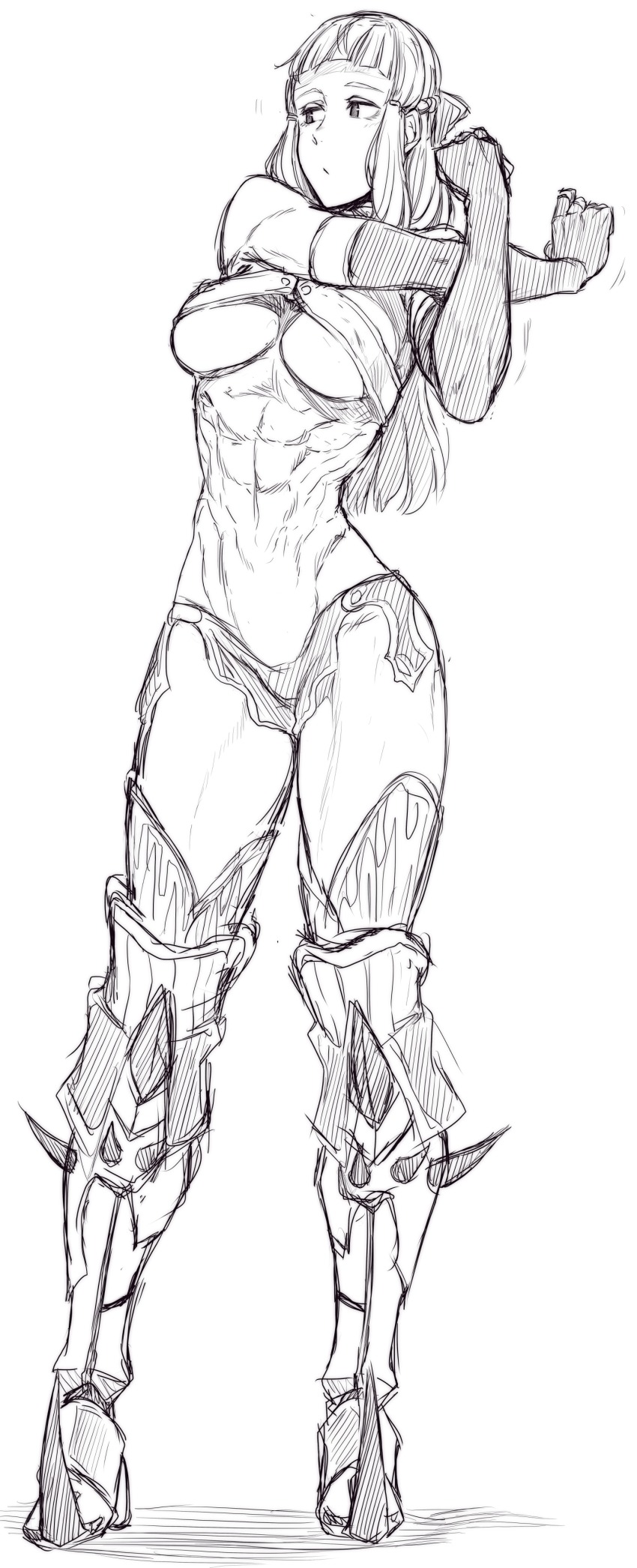 1girl, abs, absurdres, blunt_bangs, boots, breasts, commentary_request, contrapposto