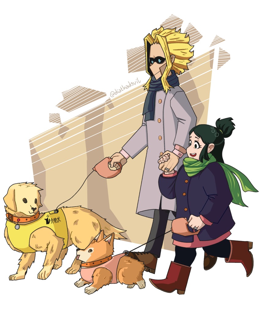 10s, 1boy, 1girl, absurdres, all_might, animal, animal_collar, artist_request, black_pants, black_sclera, blonde_hair, blue_eyes, blue_scarf, boku_no_hero_academia, boots, brown_eyes, brown_footwear, closed_mouth, coat, collar, colored_sclera, commentary, couple, diathadevil, dog, pet_walking, from_side, golden_retriever, green_eyes, green_hair, green_scarf, grin, happy, height_difference, highres, holding_hands, jacket, jewelry, looking_ahead, looking_down, matching_hair/eyes, midoriya_inko, open_mouth, pants, pink_vest, purple_jacket, red_footwear, ring, scarf, shoes, side-by-side, simple_background, size_difference, smile, teeth, tongue, tongue_out, topknot, twitter_username, two_side_up, vest, walking, wedding_ring, welsh_corgi, white_background, yagi_toshinori, yellow_vest