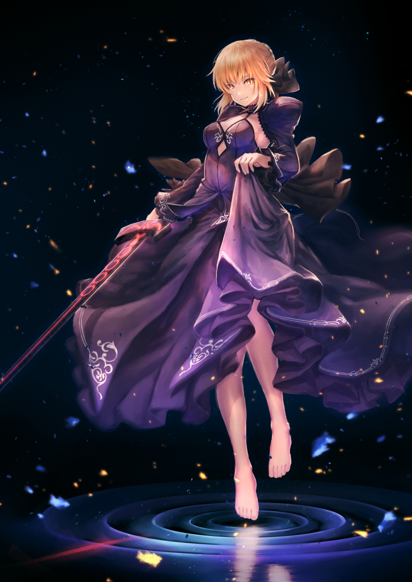 1girl, absurdres, artoria_pendragon_(fate), barefoot, black_bow, black_dress, blonde_hair, bow