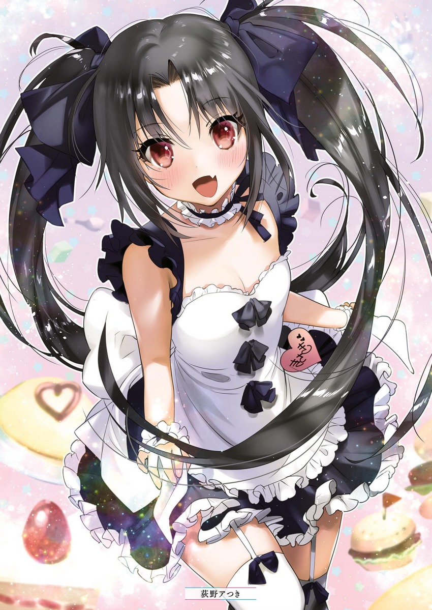10s, 1girl, :d, alice_or_alice, apron, black_bow, black_hair, black_ribbon