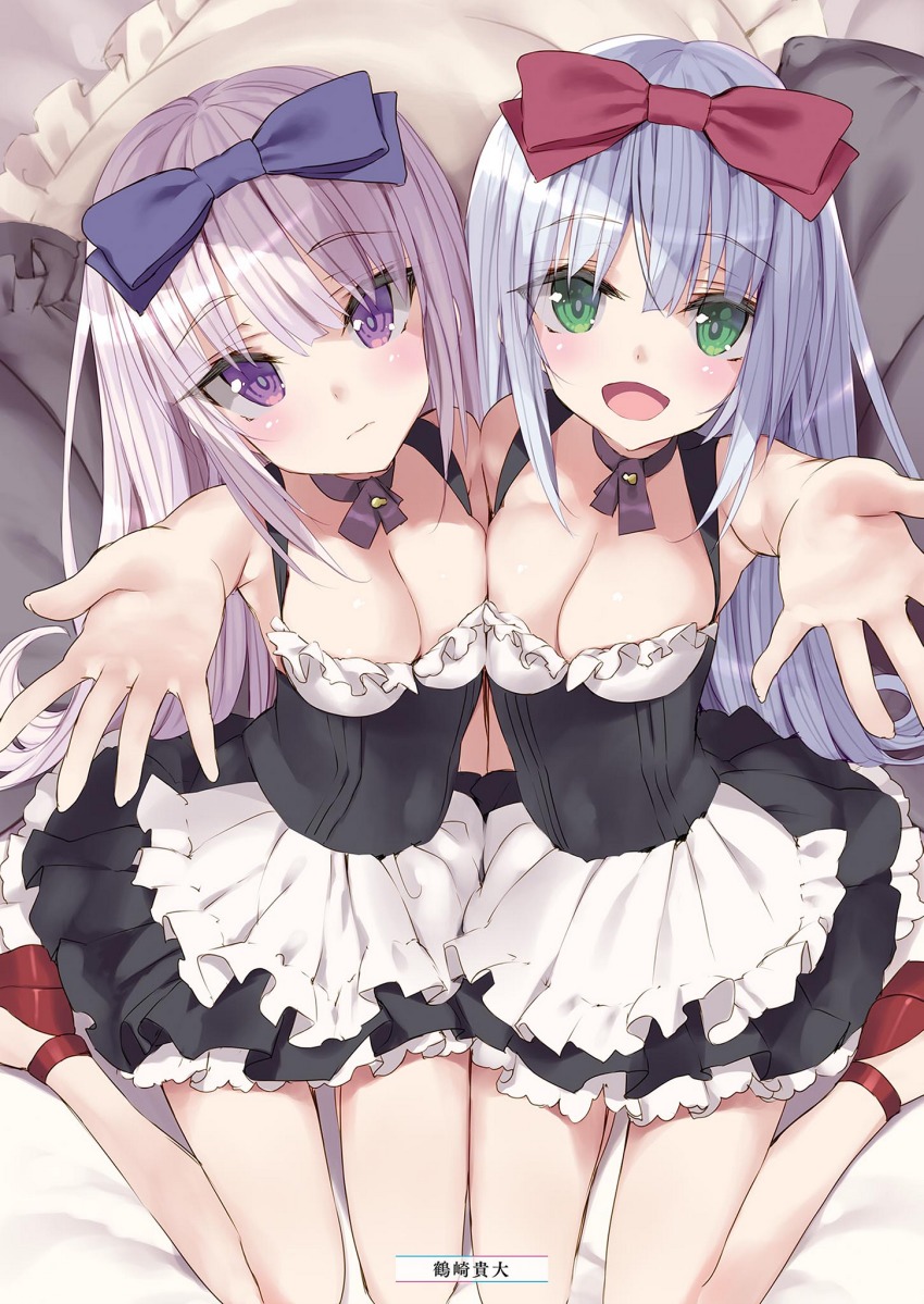 10s, 2girls, :d, airi_(alice_or_alice), alice_or_alice, apron, artist_name, bed_sheet, black_skirt, blue_bow, blue_hair, bow, breast_press, breasts, choker, cleavage, from_above, green_eyes, hair_between_eyes, hair_bow, head_tilt, highres, layered_skirt, long_hair, looking_at_viewer, looking_up, medium_breasts, miniskirt, multiple_girls, open_mouth, pillow, pleated_skirt, purple_eyes, purple_ribbon, red_bow, red_footwear, ribbon, ribbon_choker, rise_(alice_or_alice), shiny_skin, siblings, silver_hair, sisters, skirt, sleeveless, smile, symmetrical_docking, tsurusaki_takahiro, twins, very_long_hair, white_apron