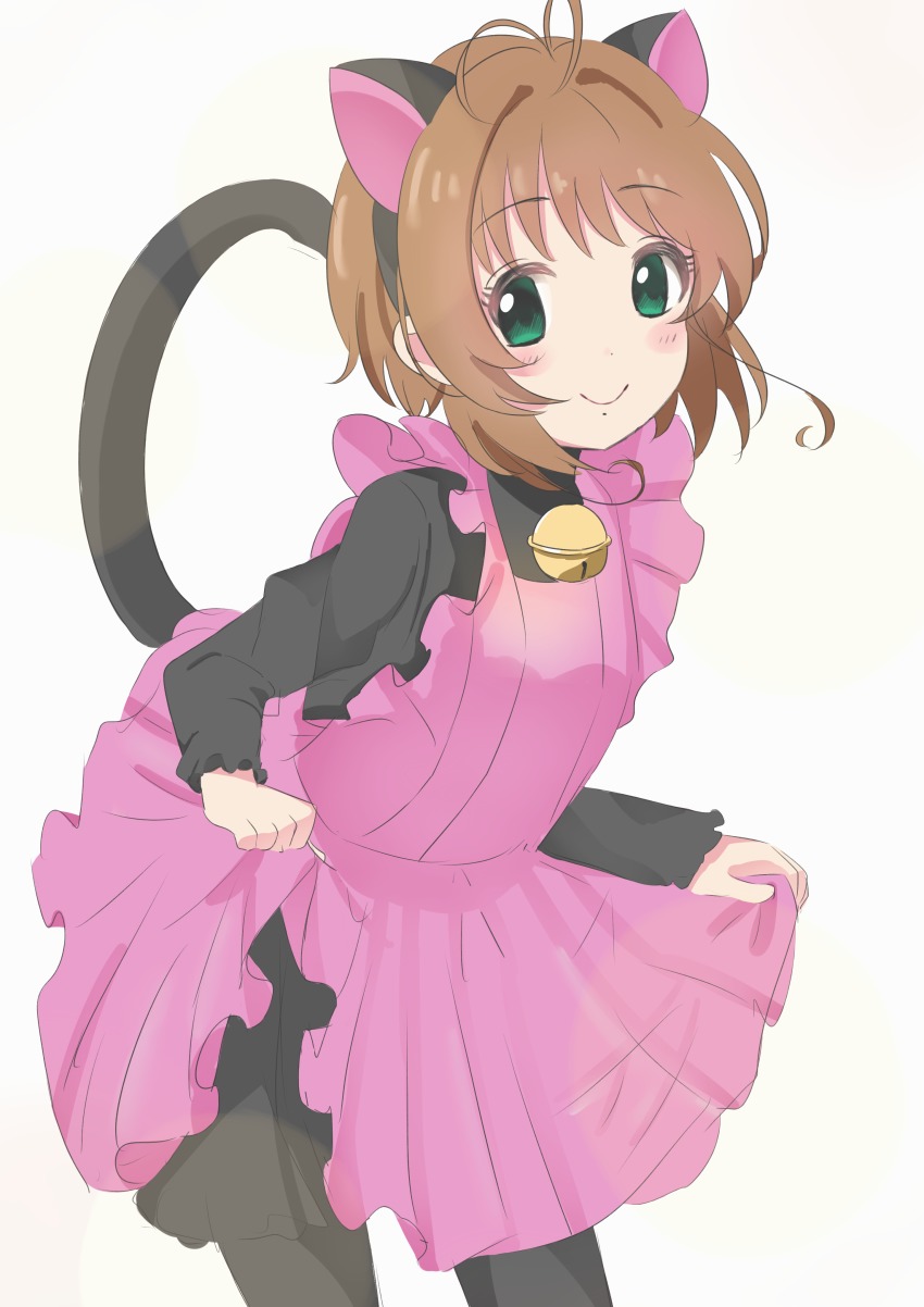 1girl, absurdres, ahoge, animal_ears, bell, black_dress, black_pantyhose, brown_hair, cardcaptor_sakura, cat_ears, cat_tail, clothes_lift, dress, dress_lift, eri_(erikaida), fake_animal_ears, female_focus, green_eyes, hairband, highres, holding_own_dress, jingle_bell, kinomoto_sakura, kinomoto_sakura_(kitty), lifting_own_clothes, pantyhose, pink_dress, short_hair, smile, solo, tail