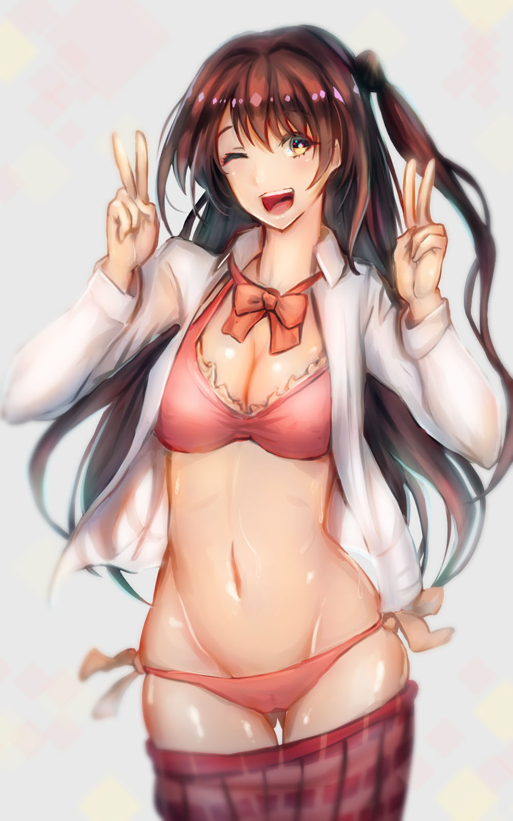 1girl, bikini, bikini_under_clothes, blurry, bow, brown_eyes, brown_hair, clothes_pull
