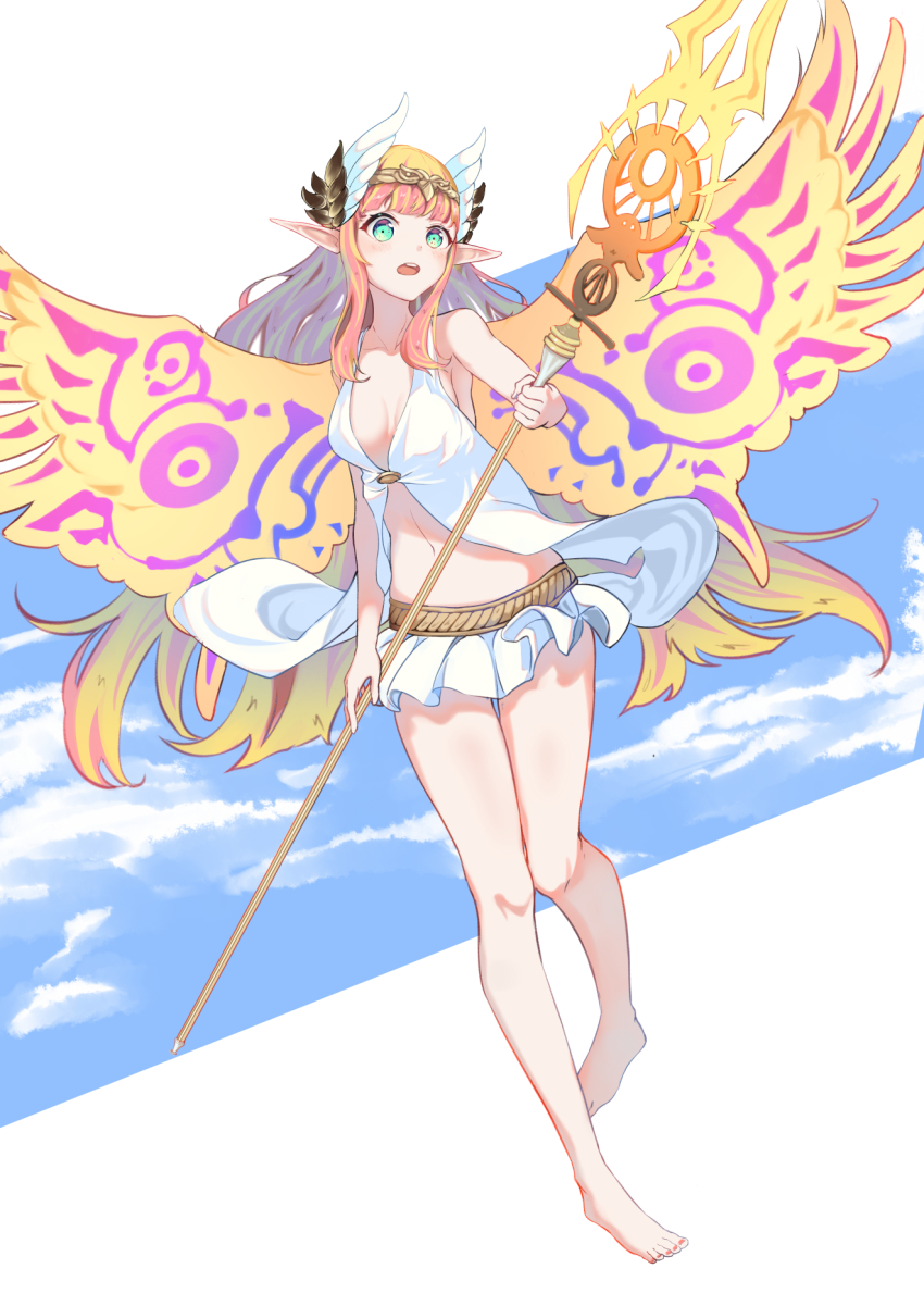 1girl, bare_arms, bare_shoulders, black_wings, blonde_hair, blush, breasts, circe_(fate)