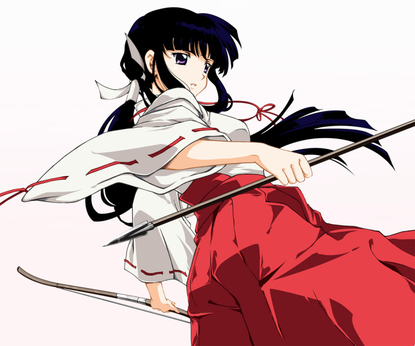 1girl, arrow_(projectile), bad_id, bad_pixiv_id, black_hair, blunt_bangs, bow_(weapon), derivative_work, female_focus, hakama, hakama_skirt, hime_cut, inuyasha, japanese_clothes, kikyou_(inuyasha), long_hair, miko, purple_eyes, red_hakama, sazanami_(artist), skirt, solo, weapon, yumi_(bow)