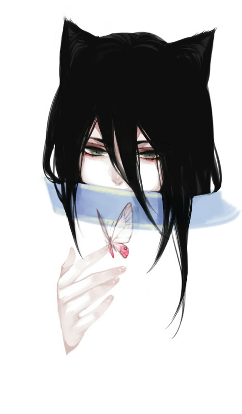 1boy, animal_ears, black_hair, bug, butterfly, butterfly_on_hand, cat_boy, cat_ears, character_request, chinese_commentary, commentary_request, covered_mouth, grey_eyes, hand_up, insect, kangetsu_(fhalei), long_hair, male_focus, otani_yoshitsugu_(sengoku_musou), portrait, sengoku_musou, simple_background, solo, white_background