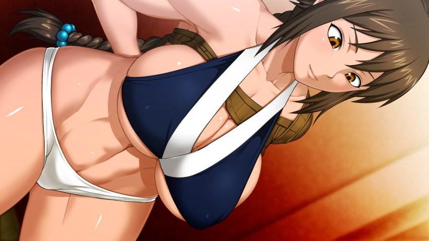 1girl, abs, arms_behind_back, bare_arms, bare_legs, braid, breasts, brown_hair, cleavage, closed_mouth, cowboy_shot, female_focus, game_cg, huge_breasts, indoors, legs, ling_tong_(sangoku_hime), long_hair, looking_down, navel, orange_eyes, panties, sangoku_hime, sangoku_hime_2, single_braid, smile, solo, standing, thighs, toned, underwear, unicorn-a, white_panties