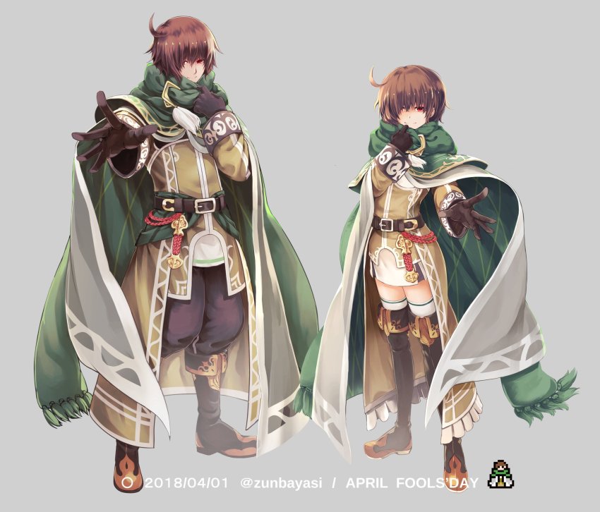 1boy, 1girl, april_fools, belt, boots, brown_gloves, brown_hair, cape